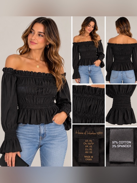 House of Harlow 1960 Tops - House of Harlow 1960 Black Smocked Off Shoulder Peplum Top XS